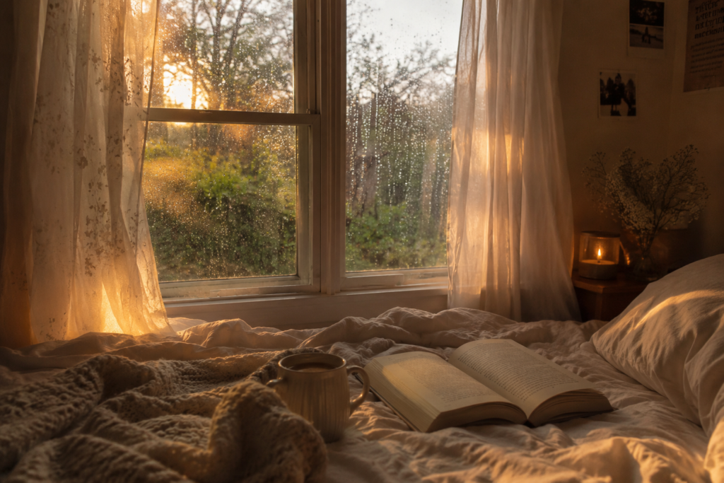 Cozy rainy bedroom with warm sunlight, an open book, coffee mug, and sof blankets creating a cozy slow living atmosphere.
