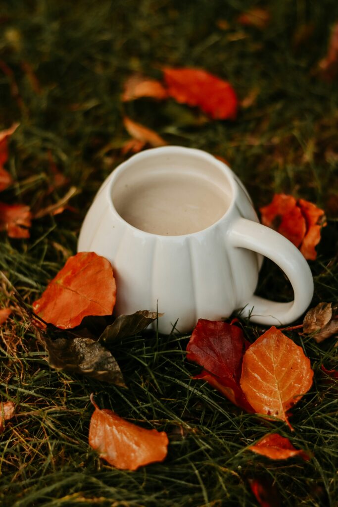 Unique coffee cup sitting in grass surrounded by colorful autumn leaves with a warm cozy fall atmosphere.