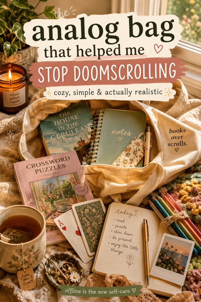 "Canvas tote bag filled with books, a notebook, playing cards, puzzle books, and creative supplies as a cozy alternative to doomscrolling and excessive screen time."
