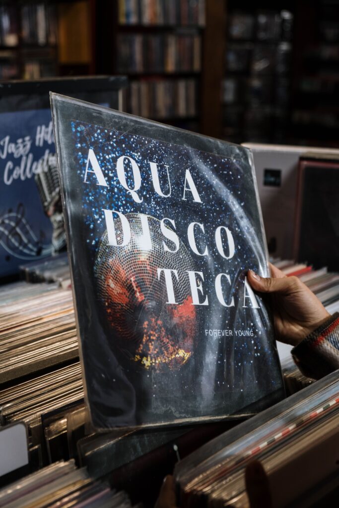 Close-up of a vinyl record sleeve being held above rows of records in a cozy record store.