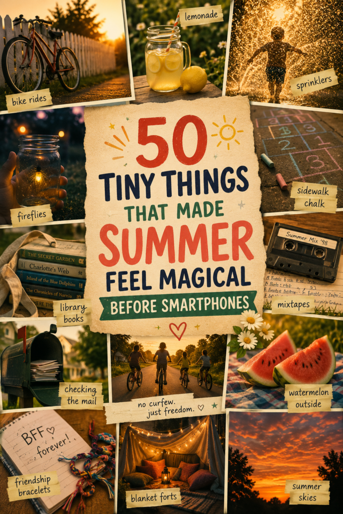 Collage of nostalgic summer activities before smartphones including bicycles, library books, sprinklers, fireflies, lemonade, friendship bracelets, and golden summer sunsets.