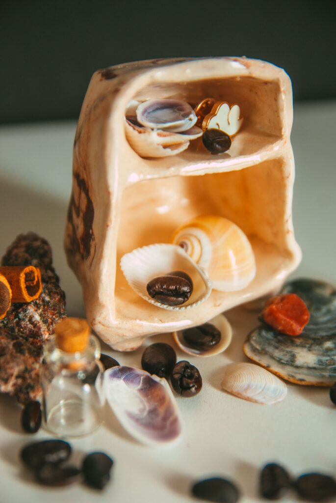 Small decorative shelf holding seashells and collected summer keepsakes.