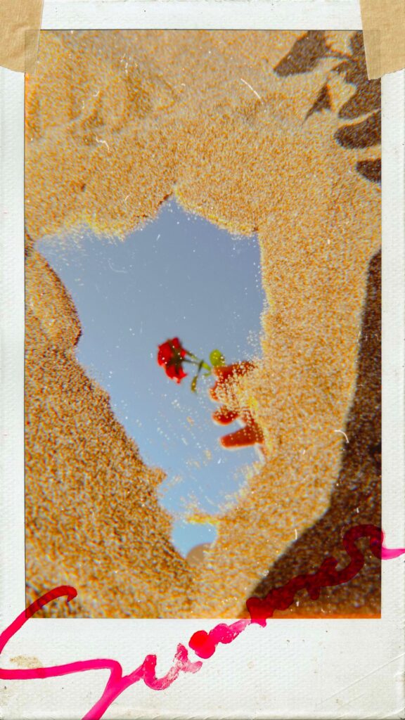 A vintage-style Polaroid photograph shows a hand holding a small red flower reflected in a puddle surrounded by warm golden sand, creating a dreamy nostalgic summer aesthetic.